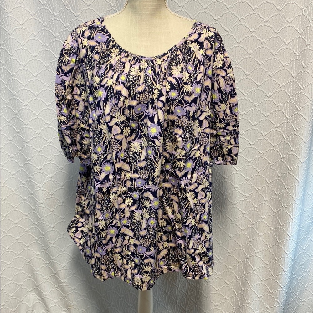 Ava & Viv size 3X  Purple and Black Puff‎ Sleeve Blouse cotton summer spring